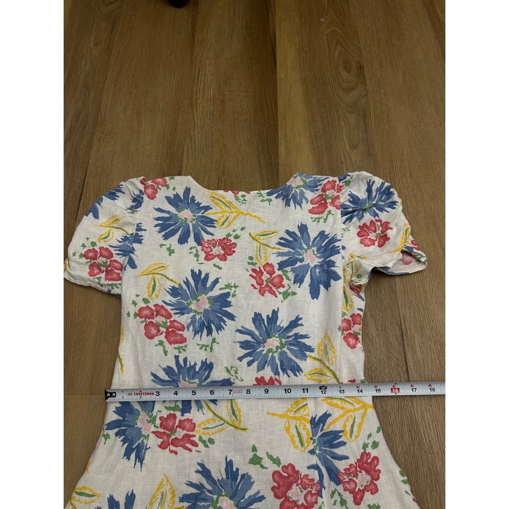 Polo Ralph Lauren Floral Linen Button Front Puff Sleeve Dress White Blue 6 - Picture 7 of 8